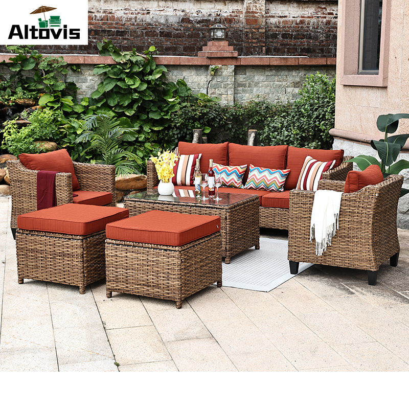 hot selling all weather wicker garden sofa set rugged steel frame outdoor rattan wicker patio furniture with cushions