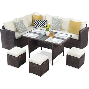 7 Piece All Weather Wicker Conversation Set Outdoor Dining Sectional Sofa Patio Furniture Set with with Ottoman