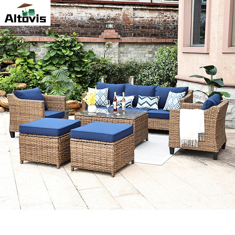 hot selling all weather wicker garden sofa set rugged steel frame outdoor rattan wicker patio furniture with cushions