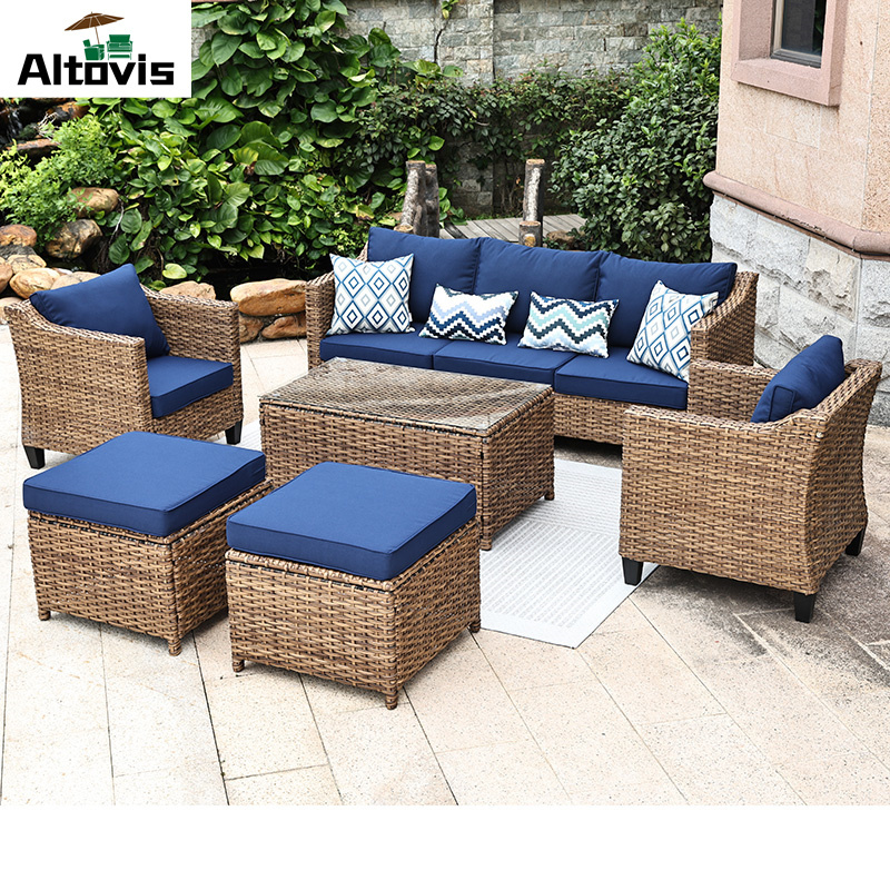 hot selling all weather wicker garden sofa set rugged steel frame outdoor rattan wicker patio furniture with cushions