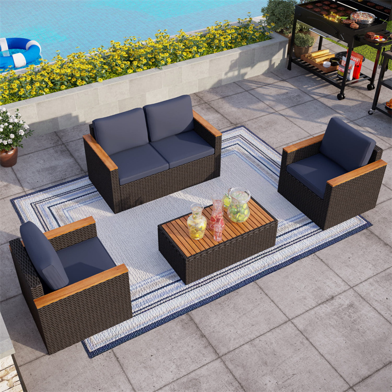 4pcs deep seat cushioned plastic rattan patio furniture sofa outdoor conversation set with fire pit table for sale