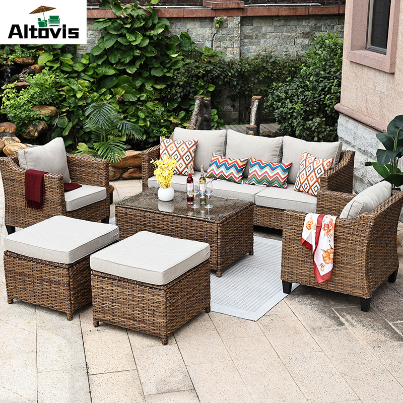 modern style all weather rattan / wicker outdoor patio rattan sofa white cushions garden furniture for villa courtyard