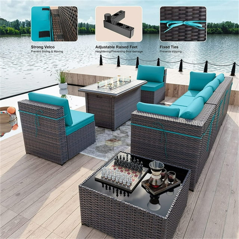 Altovis custom 7 seats rattan outdoor sofa set patio backyard furniture set with fire pit