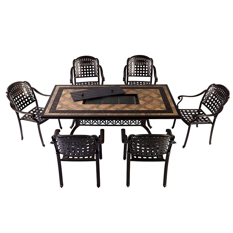 Nordic Villa Garden Chairs Outdoor Casting Aluminum Rectangle BBQ Dining Table Set 6 Seater