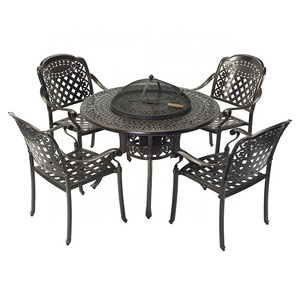 Balcony Terrace BBQ Dining Table Grill Restaurant Cast Aluminum Patio Furniture Set of 4 Chairs with Round Table