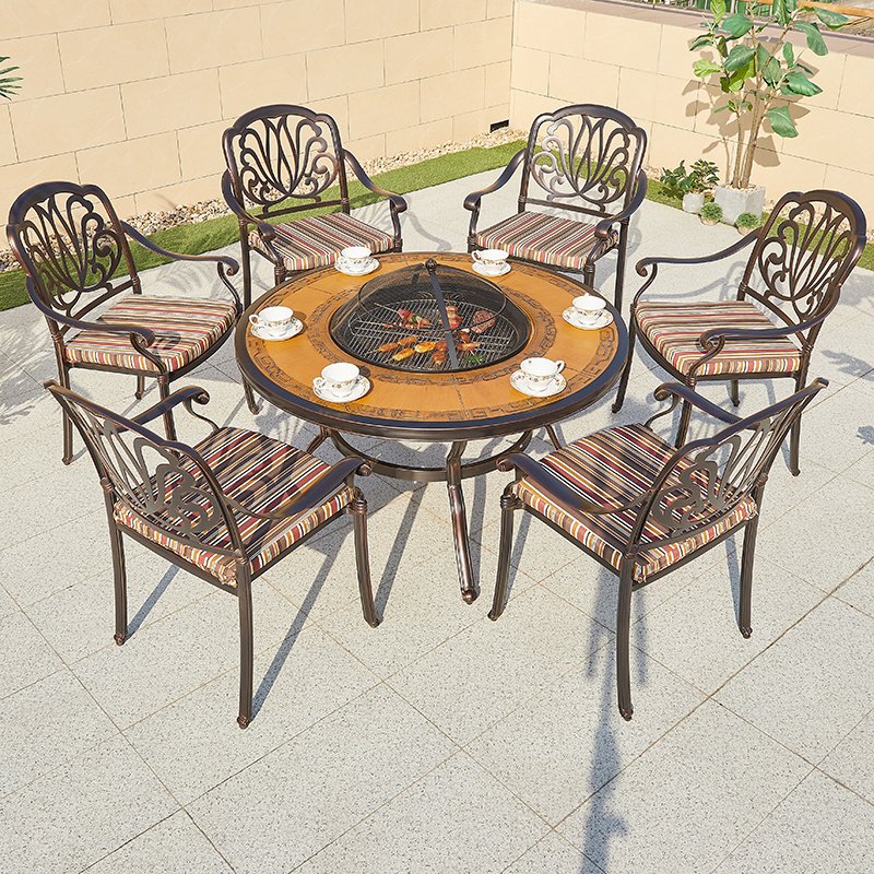 Garden Restaurant Cast Aluminum Dining Set 6-8 Seater Chairs Outdoor Patio Furniture Round Double BBQ Grill Table Charcoal