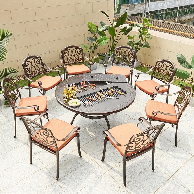 Garden Restaurant Cast Aluminum Dining Set 6-8 Seater Chairs Outdoor Patio Furniture Round Double BBQ Grill Table Charcoal