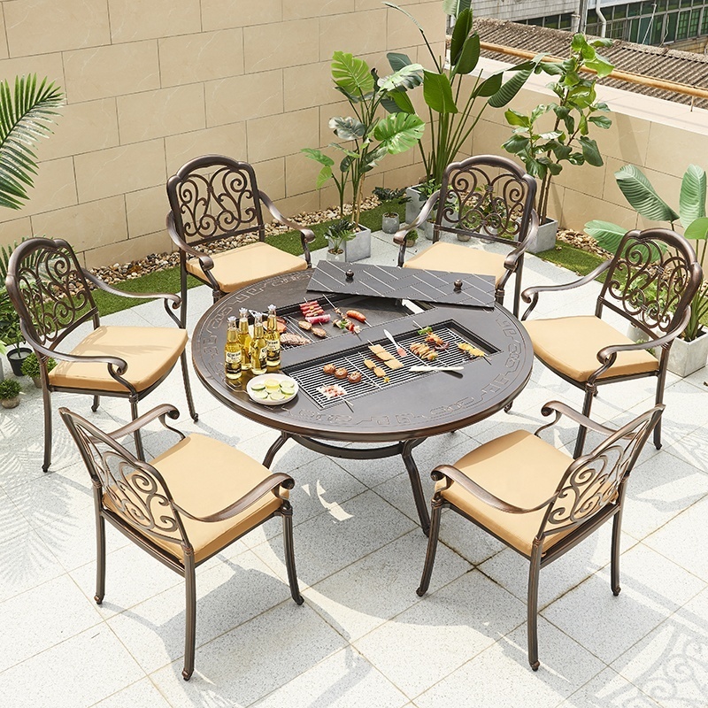 Garden Restaurant Cast Aluminum Dining Set 6-8 Seater Chairs Outdoor Patio Furniture Round Double BBQ Grill Table Charcoal