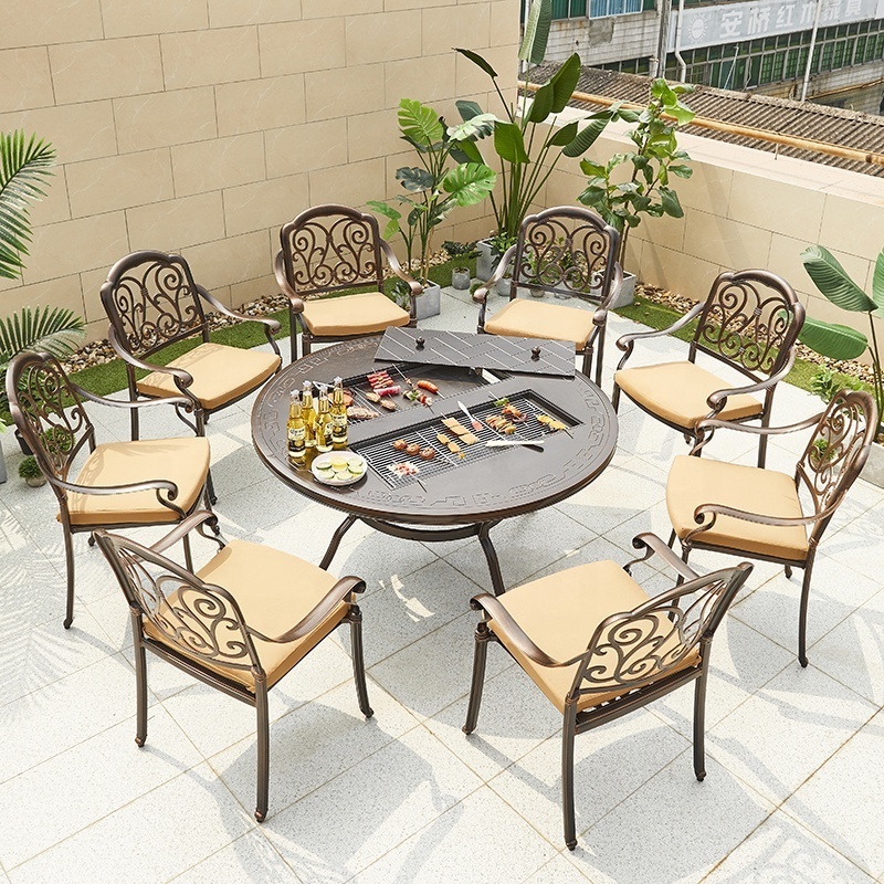 Garden Restaurant Cast Aluminum Dining Set 6-8 Seater Chairs Outdoor Patio Furniture Round Double BBQ Grill Table Charcoal