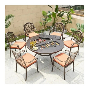 Garden Restaurant Cast Aluminum Dining Set 6-8 Seater Chairs Outdoor Patio Furniture Round Double BBQ Grill Table Charcoal