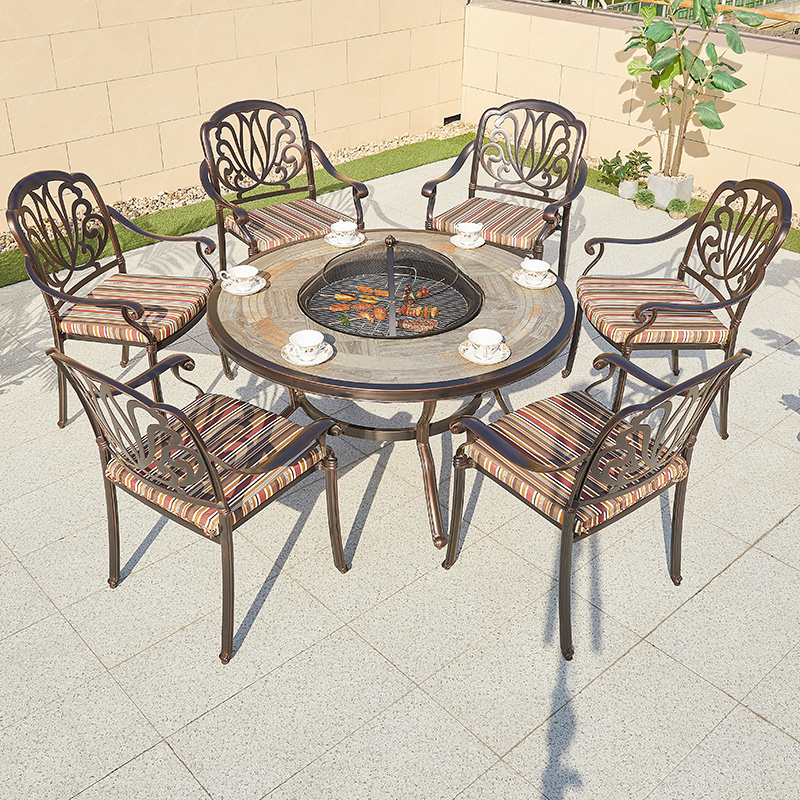 Garden Restaurant Cast Aluminum Dining Set 6-8 Seater Chairs Outdoor Patio Furniture Round Double BBQ Grill Table Charcoal