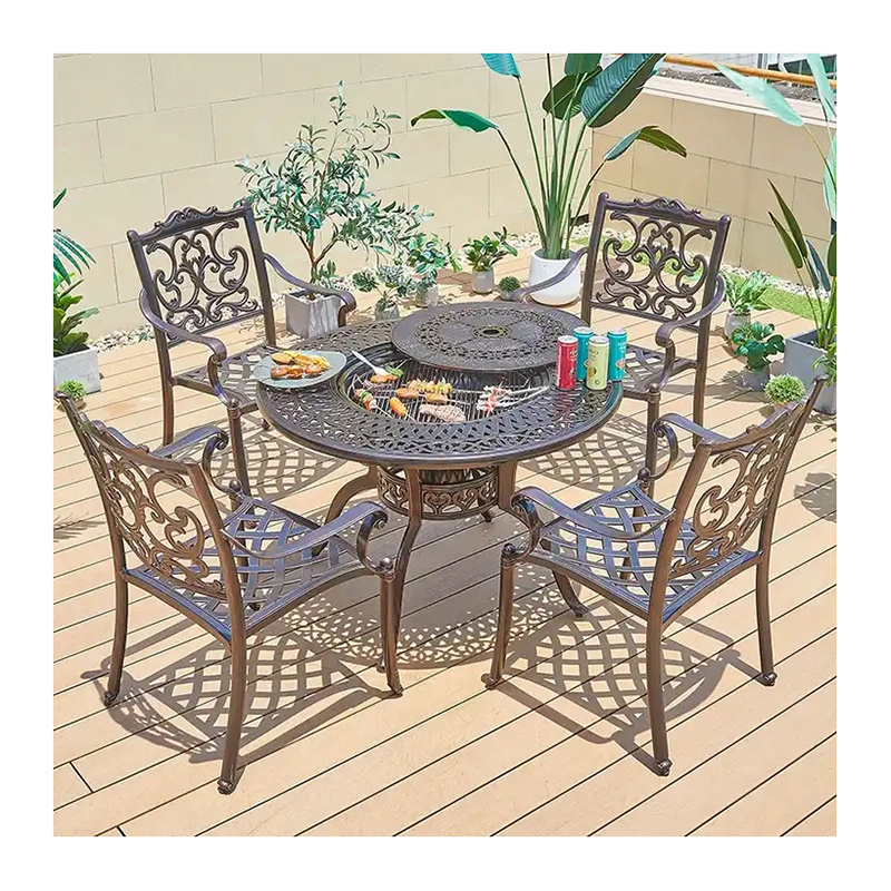 Durable Casting BBQ Fire Pit Round Table Set Furniture Outdoor Restaurant Aluminum Tables and Chairs