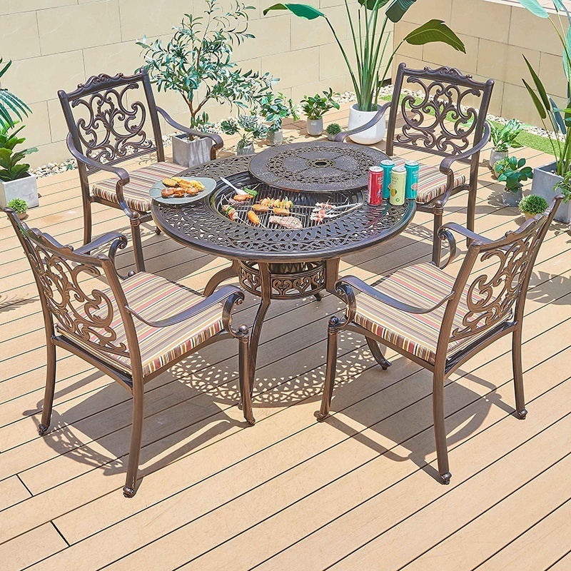 Durable Casting BBQ Fire Pit Round Table Set Furniture Outdoor Restaurant Aluminum Tables and Chairs