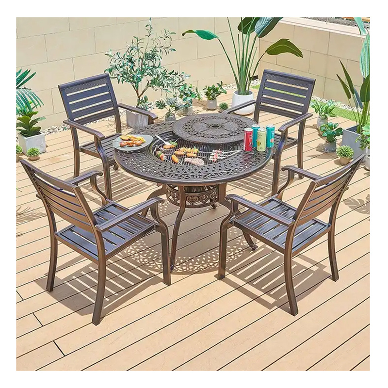 Italian Outdoor Casting BBQ Fire Pit Round Table Patio Furniture Aluminum Dining Table with 4 Chairs