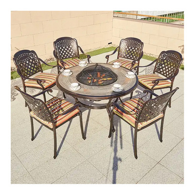 Cheap Stackable 7 Piece Restaurant Dining Set Furniture Outdoor Garden Patio Cast Aluminum Round Bbq Table 6 Chairs