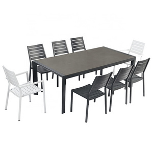 Black White Modern 9 Piece Porch Garden Restaurant Furniture Outdoor Patio Aluminum Dining Table Set 8 Chairs for Sale