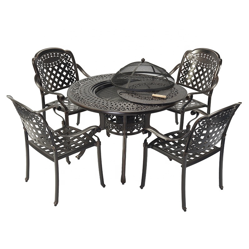 Balcony Terrace BBQ Dining Table Grill Restaurant Cast Aluminum Patio Furniture Set of 4 Chairs with Round Table