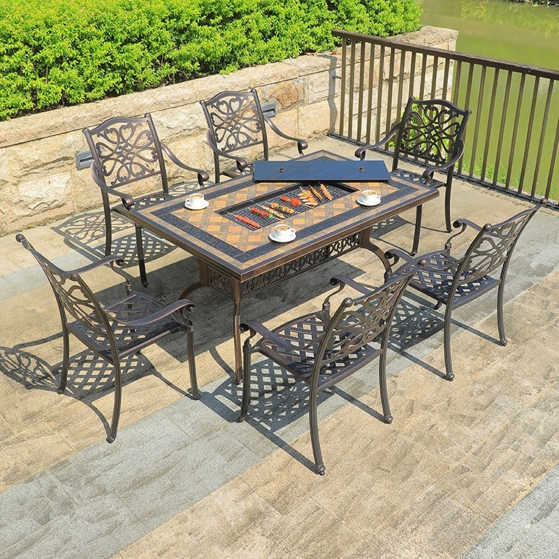 All Weather Outdoor Balcony Rectangle Barbecue Table 6 Chairs Armrest Dining Room Portable Cast Aluminum Dining Table Set