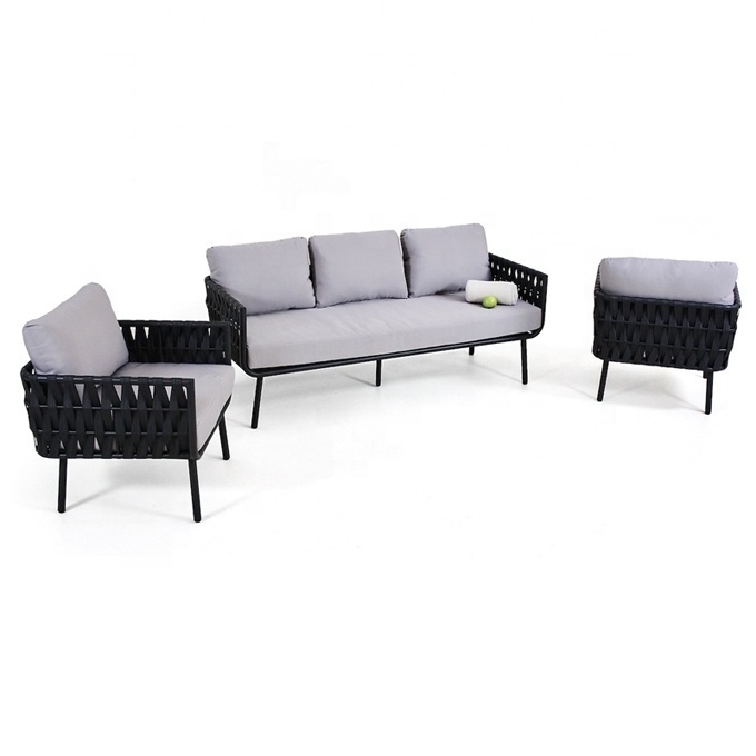 Luxury Black Outside Patio Conversation Loveseat Furniture Outdoor Garden Aluminum Rope Sectional Couch Sofa Set