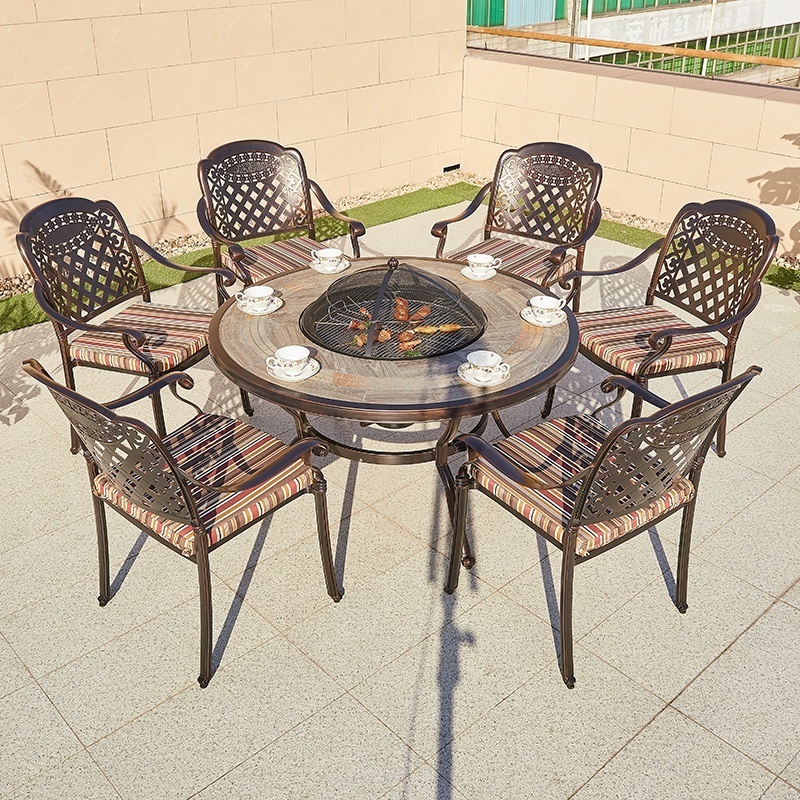 Cheap Stackable 7 Piece Restaurant Dining Set Furniture Outdoor Garden Patio Cast Aluminum Round Bbq Table 6 Chairs