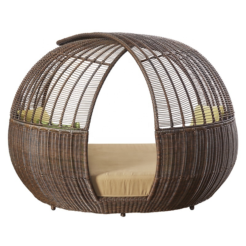 Luxury Brown Poolside Wicker Daybed Sunbed Furniture Outdoor Beach Aluminum Rattan Round Chaise Lounge Day bed