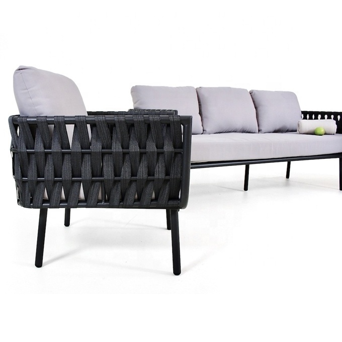 Luxury Black Outside Patio Conversation Loveseat Furniture Outdoor Garden Aluminum Rope Sectional Couch Sofa Set