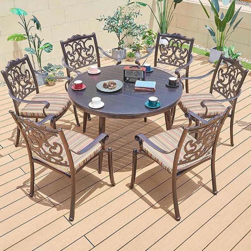 Mid Century Restaurant Patio Round Table Furniture Outdoor Garden Cast Aluminum Dining Set 6 Person Chairs