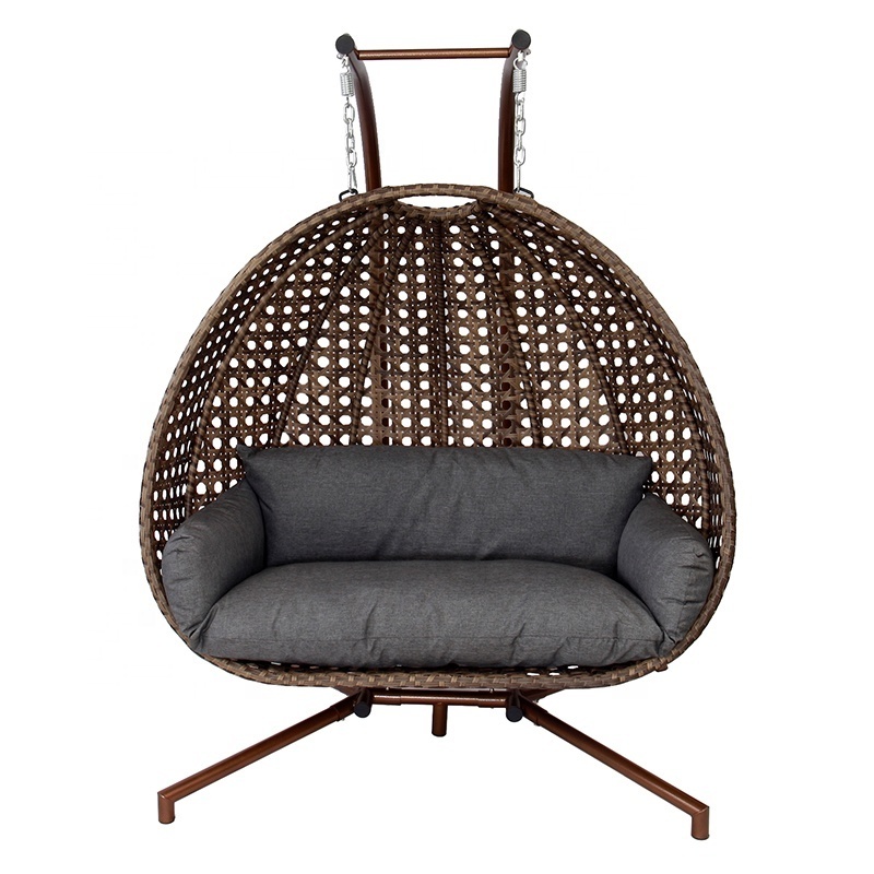 Brown Modern Garden Porch Wicker Furniture Outdoor Patio Rattan Double Swing Hanging Egg Chair with Stand