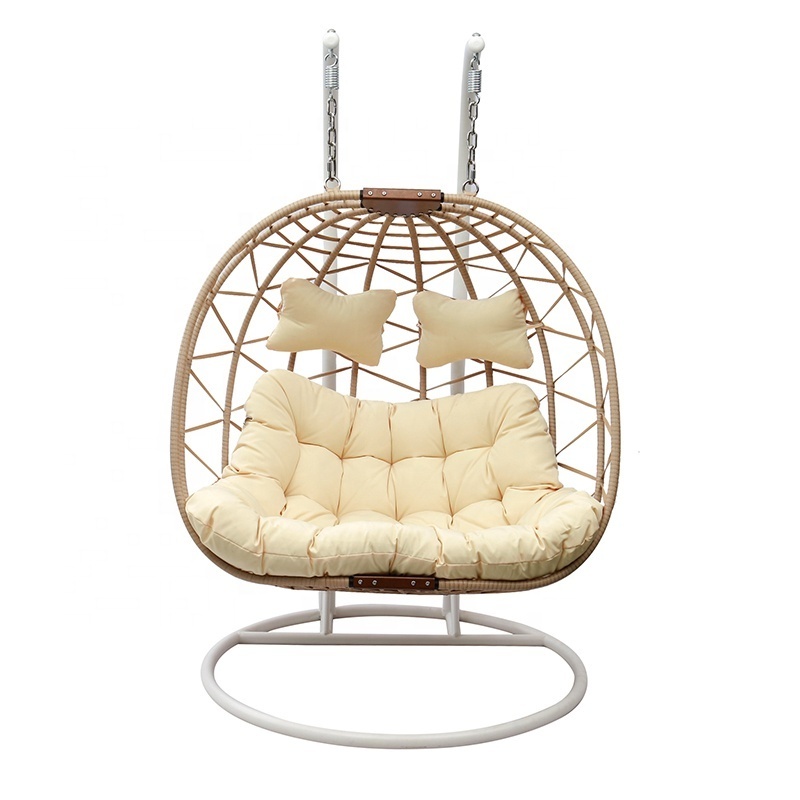 Brown Wicker Beach Furniture Outdoor Porch Patio Garden Double Metal Rattan Swing Hanging Egg Chair with Stand