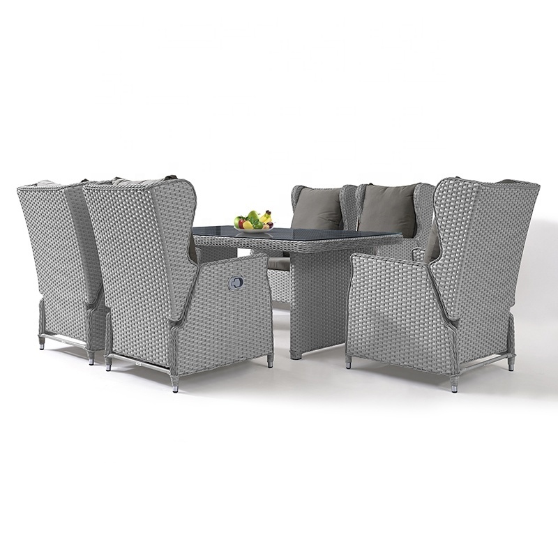 Adjustable Outdoor Rattan Dining Chair Hotel Restaurant Glass Long Table 6 Chairs Patio Outside Garden Grey Wicker Dining Set