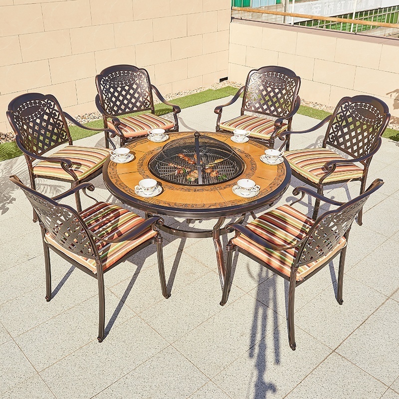 Cheap Stackable 7 Piece Restaurant Dining Set Furniture Outdoor Garden Patio Cast Aluminum Round Bbq Table 6 Chairs