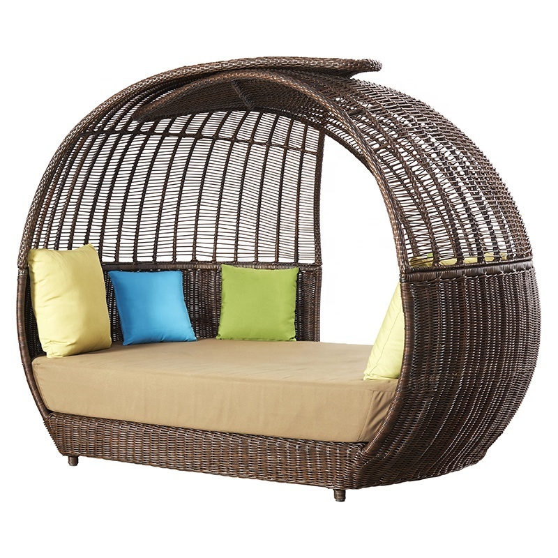 Luxury Brown Poolside Wicker Daybed Sunbed Furniture Outdoor Beach Aluminum Rattan Round Chaise Lounge Day bed