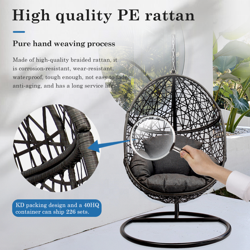 KD Design Foldable Modern Wicker Patio Balcony Furniture Outdoor Garden Porch Rattan Egg Swing Hanging Seat Chair with Stand