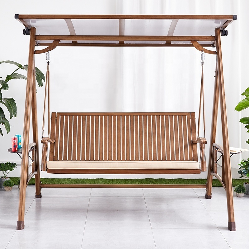 Luxury Wooden Look Hotel Garden Hanging Hammock Chair Outdoor Villa Patio Cast Aluminum Three Seats Swing Chair Canopy