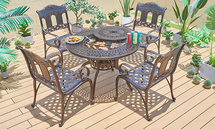 Hotel Backyard Casting BBQ Fire Pit Round Table Outdoor Furniture Aluminum Dining Table and Chairs Set