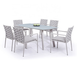 Contemporary Grey Durable 7 Piece Garden Furniture Outdoor Patio Rope Aluminum Dining Table Set 6 Seater with Chairs