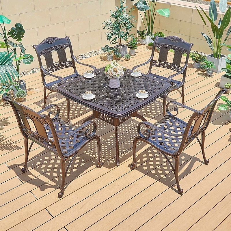 French Style Dining Room Square Table Cast Aluminum Outdoor Modern Balcony Cafe Small Dining Table Set 4 Chairs