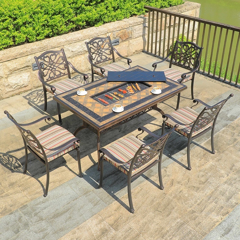 All Weather Outdoor Balcony Rectangle Barbecue Table 6 Chairs Armrest Dining Room Portable Cast Aluminum Dining Table Set