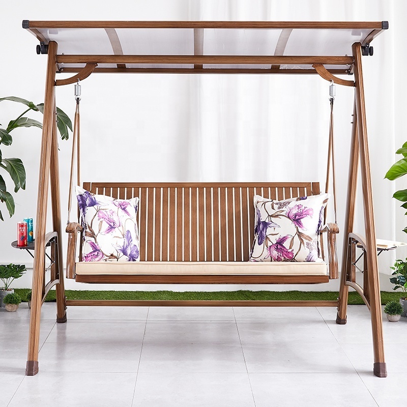 Luxury Wooden Look Hotel Garden Hanging Hammock Chair Outdoor Villa Patio Cast Aluminum Three Seats Swing Chair Canopy