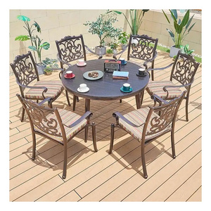 Mid Century Restaurant Patio Round Table Furniture Outdoor Garden Cast Aluminum Dining Set 6 Person Chairs