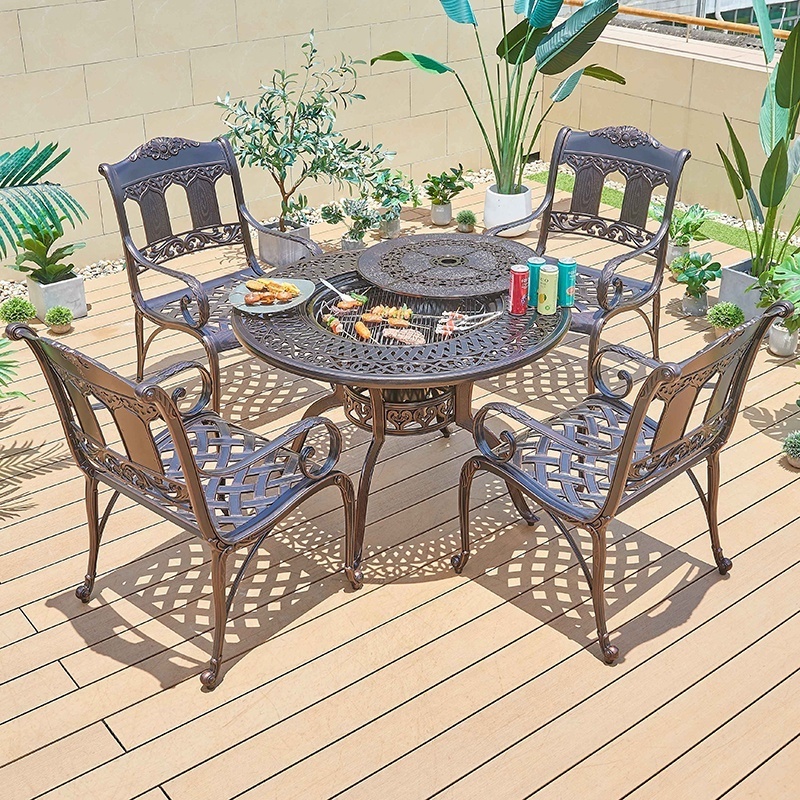 Hotel Backyard Casting BBQ Fire Pit Round Table Outdoor Furniture Aluminum Dining Table and Chairs Set