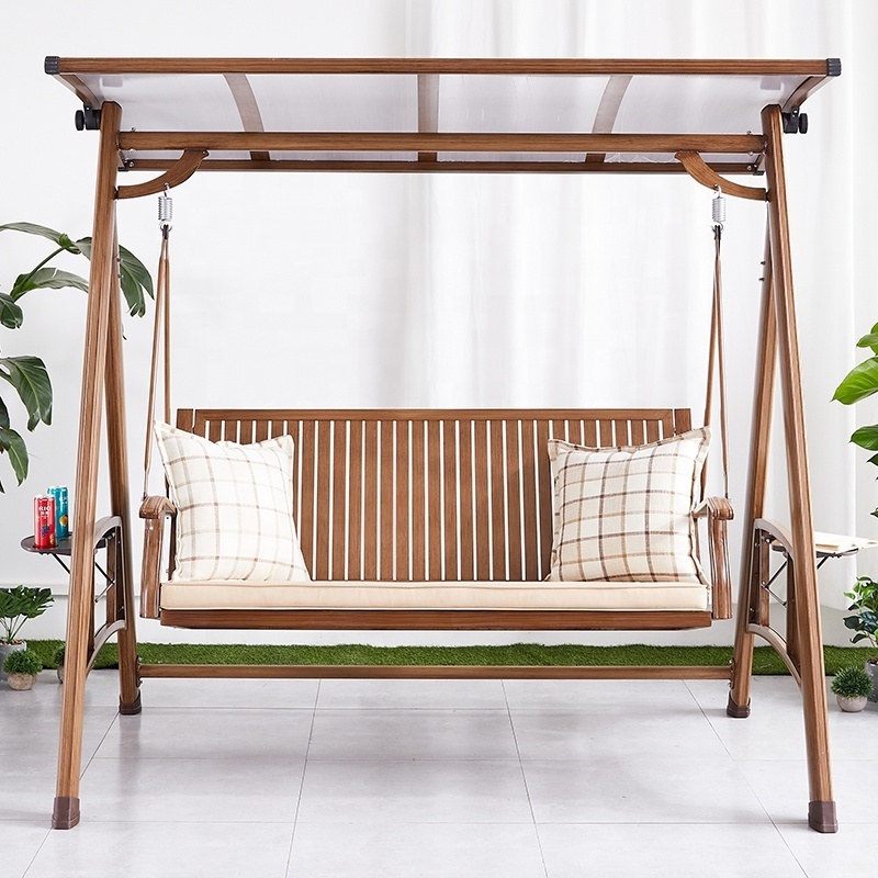 Luxury Wooden Look Hotel Garden Hanging Hammock Chair Outdoor Villa Patio Cast Aluminum Three Seats Swing Chair Canopy