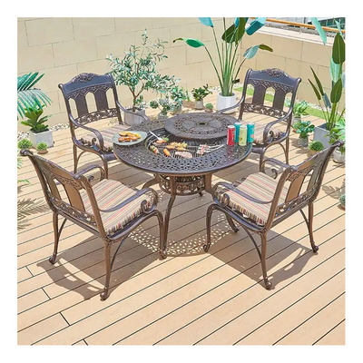 Hotel Backyard Casting BBQ Fire Pit Round Table Outdoor Furniture Aluminum Dining Table and Chairs Set