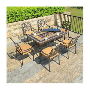 All Weather Outdoor Balcony Rectangle Barbecue Table 6 Chairs Armrest Dining Room Portable Cast Aluminum Dining Table Set