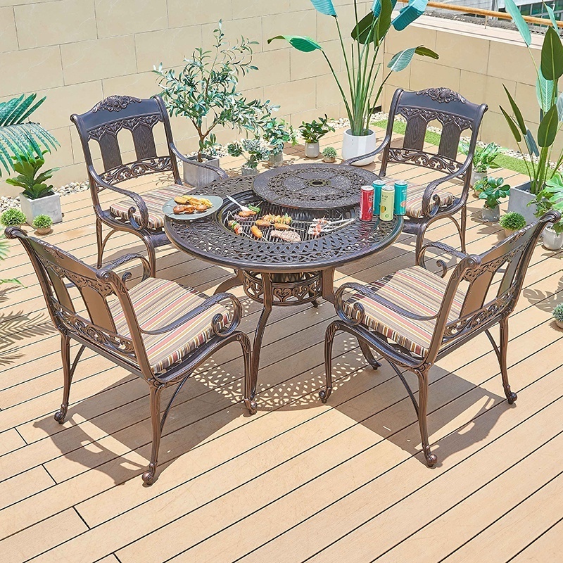 Hotel Backyard Casting BBQ Fire Pit Round Table Outdoor Furniture Aluminum Dining Table and Chairs Set