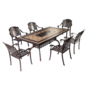 Nordic Villa Garden Chairs Outdoor Casting Aluminum Rectangle BBQ Dining Table Set 6 Seater