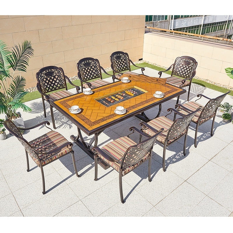 Best Sale 9 Piece Porch Garden Dining Set Furniture Outdoor Patio Cast Aluminum Bbq Table 8 Seater Chairs