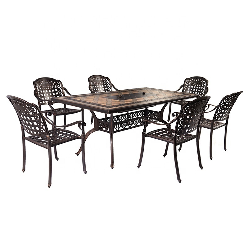 Nordic Villa Garden Chairs Outdoor Casting Aluminum Rectangle BBQ Dining Table Set 6 Seater