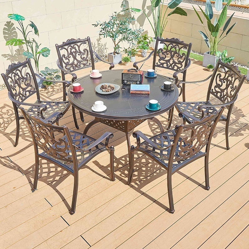 Mid Century Restaurant Patio Round Table Furniture Outdoor Garden Cast Aluminum Dining Set 6 Person Chairs