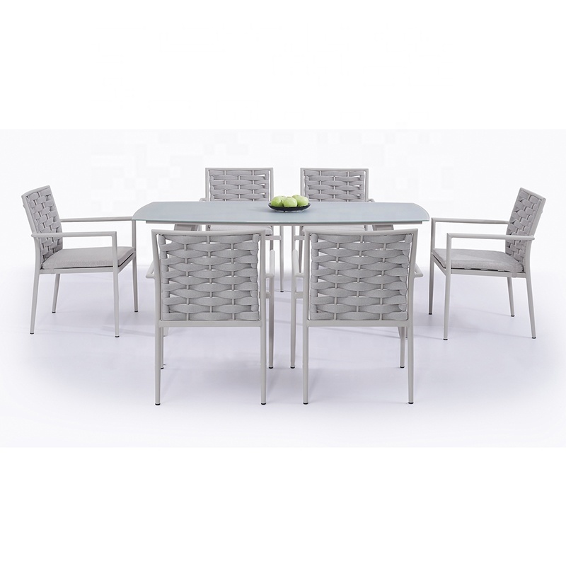 Contemporary Grey Durable 7 Piece Garden Furniture Outdoor Patio Rope Aluminum Dining Table Set 6 Seater with Chairs